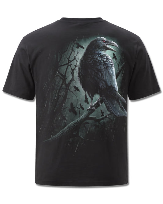 Spiral Shadow Raven design, back view on Black M101, Rock Off Retail official merch