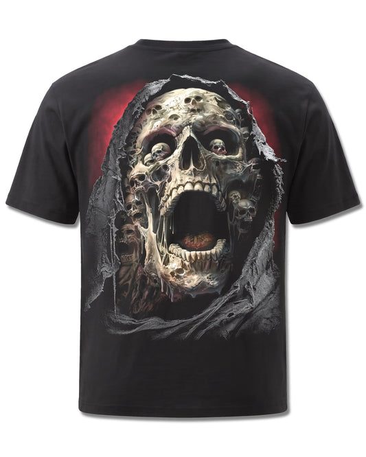 Spiral Screaming Death design, back view on Black M101, Rock Off Retail official merch