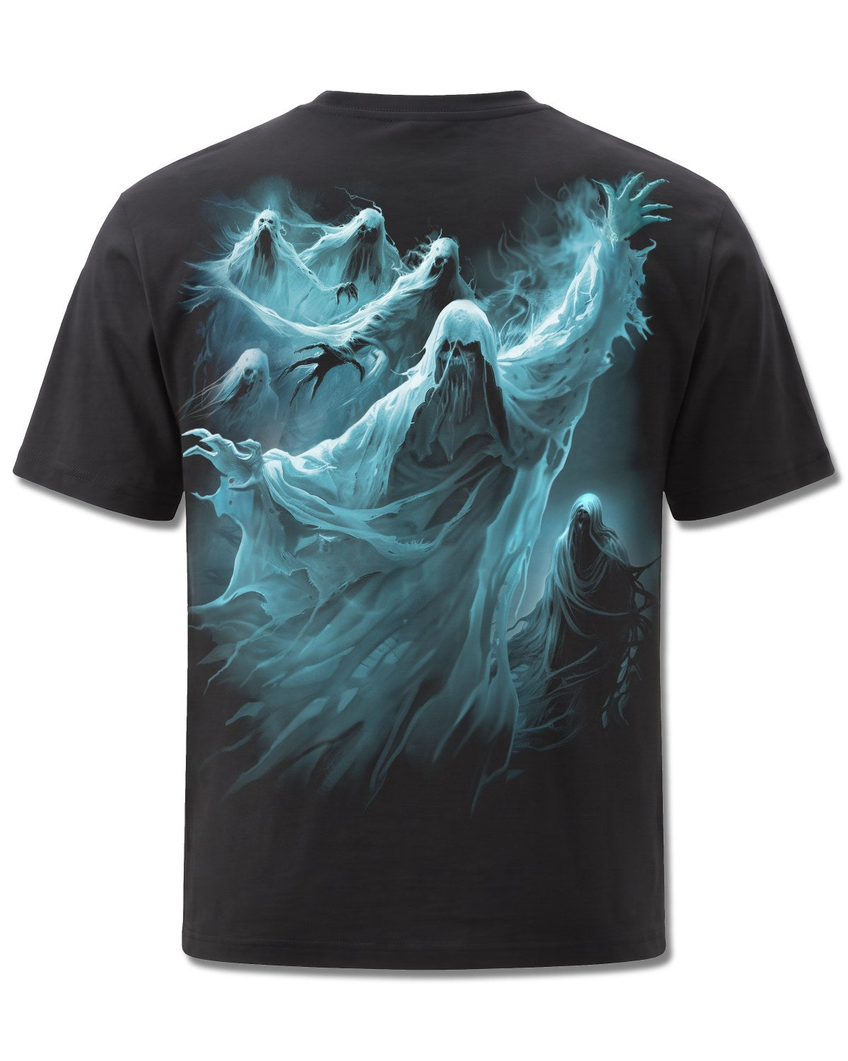Spiral Ghost Skull design, back view on Black M101, Rock Off Retail official merch