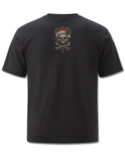 Spiral Rock Santa design, back view on Black M101, Rock Off Retail official merch