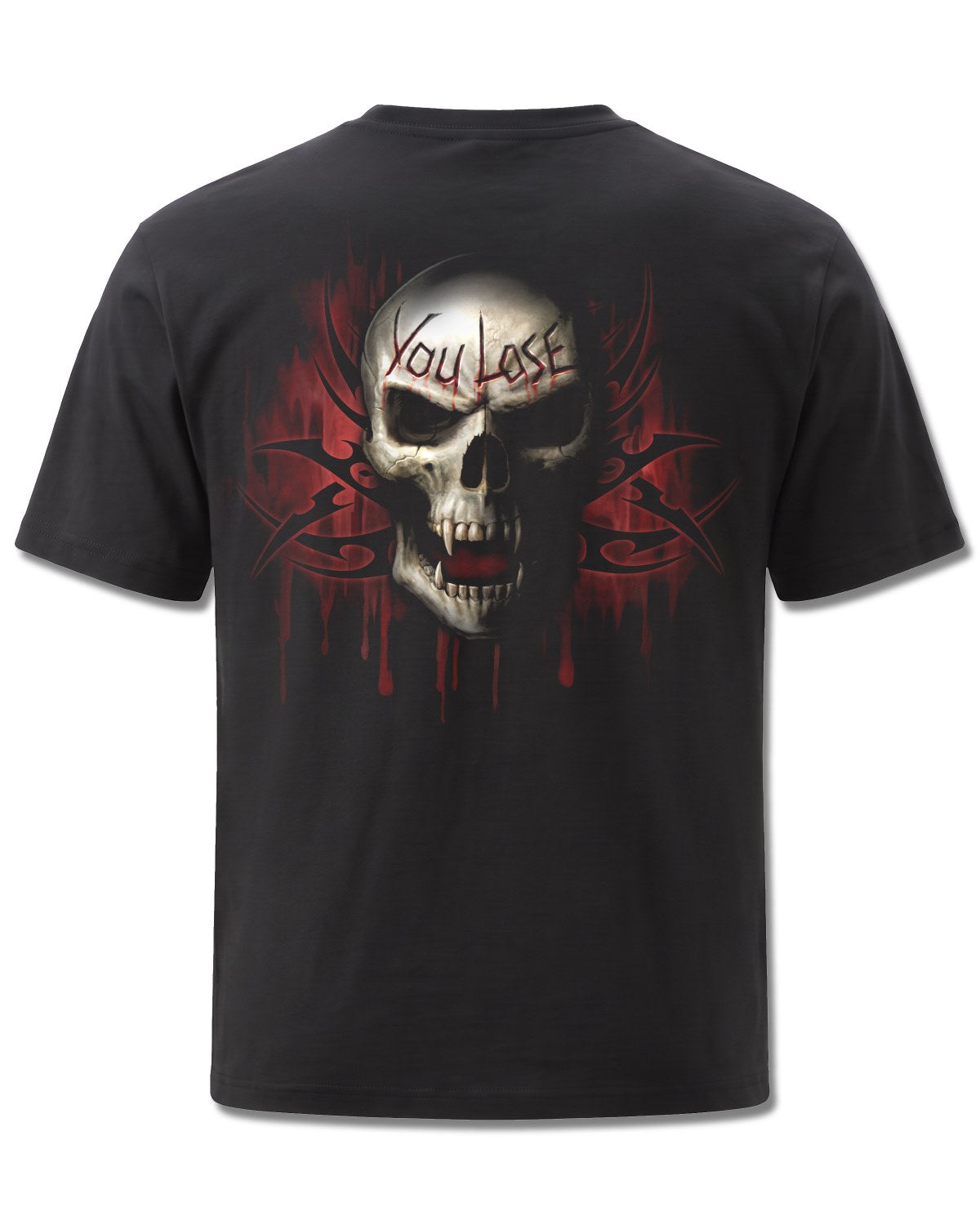 Spiral Game Over design, back view on Black M101, Rock Off Retail official merch
