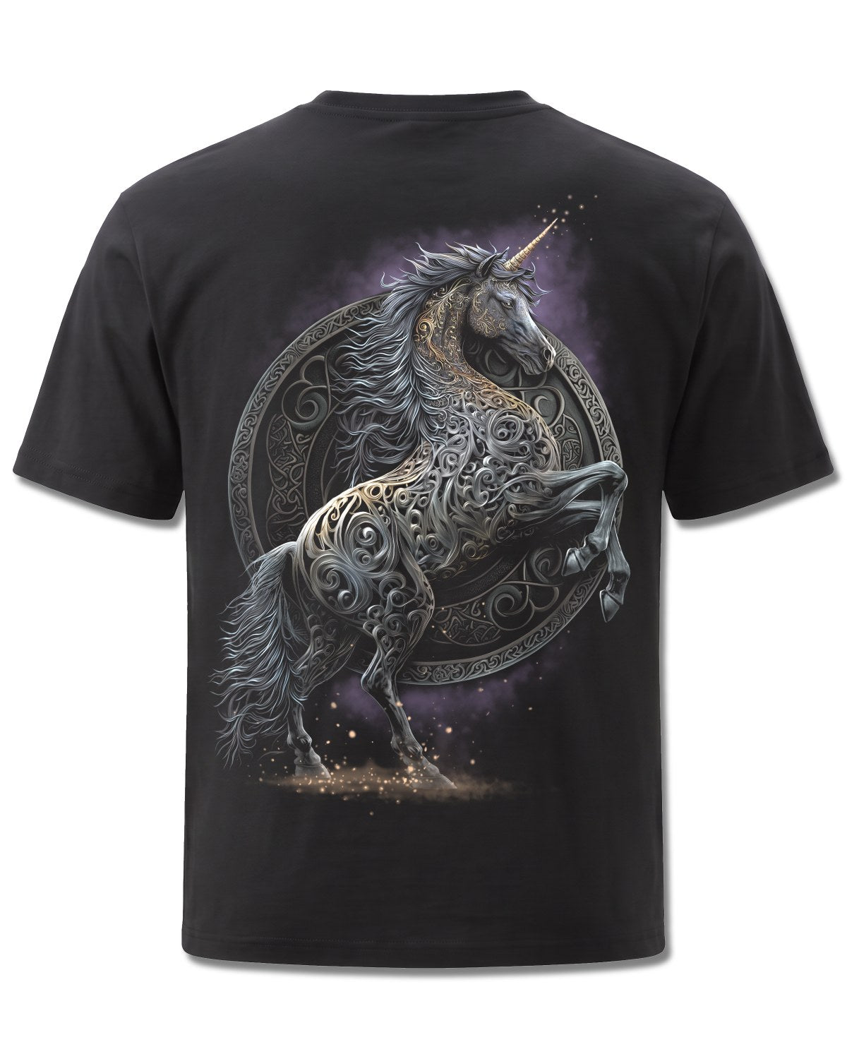 Spiral Celtic Unicorn design, back view on Black M101, Rock Off Retail official merch