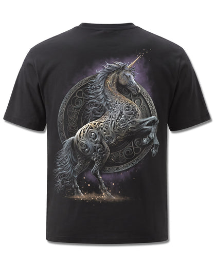 Spiral Celtic Unicorn design, back view on Black M101, Rock Off Retail official merch