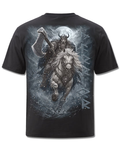 Spiral Viking Rampage design, back view on Black M101, Rock Off Retail official merch