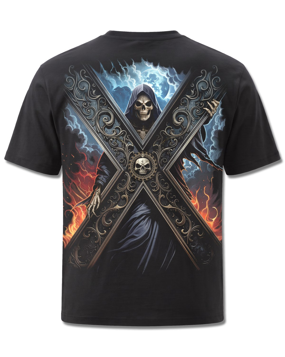 Spiral Crossed Over design, back view on Black M101, Rock Off Retail official merch
