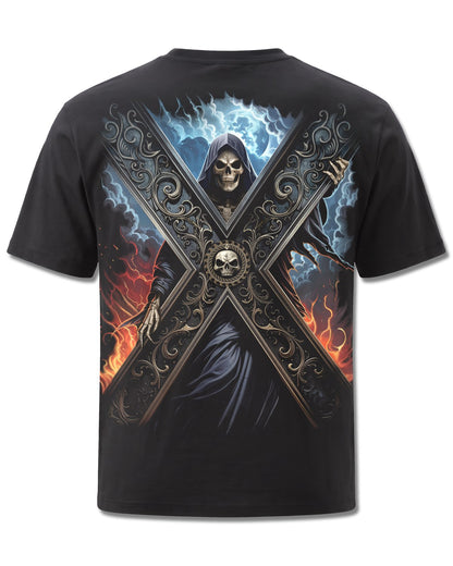 Spiral Crossed Over design, back view on Black M101, Rock Off Retail official merch