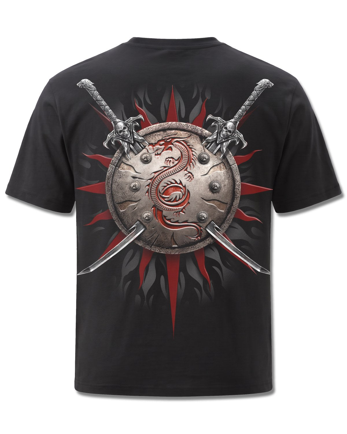 Spiral Oriental Dragon design, back view on Black M101, Rock Off Retail official merch