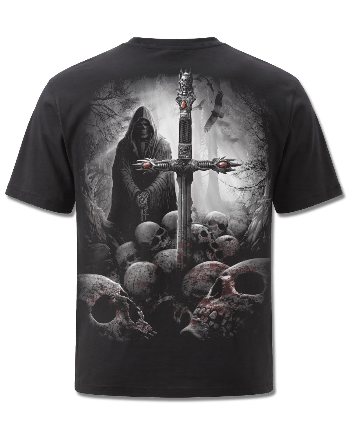 Spiral Soul Searcher design, back view on Black M101, Rock Off Retail official merch