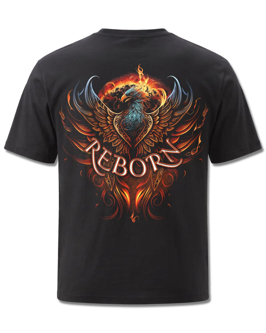 Spiral Ashes Reborn design, back view on Black M101, Rock Off Retail official merch