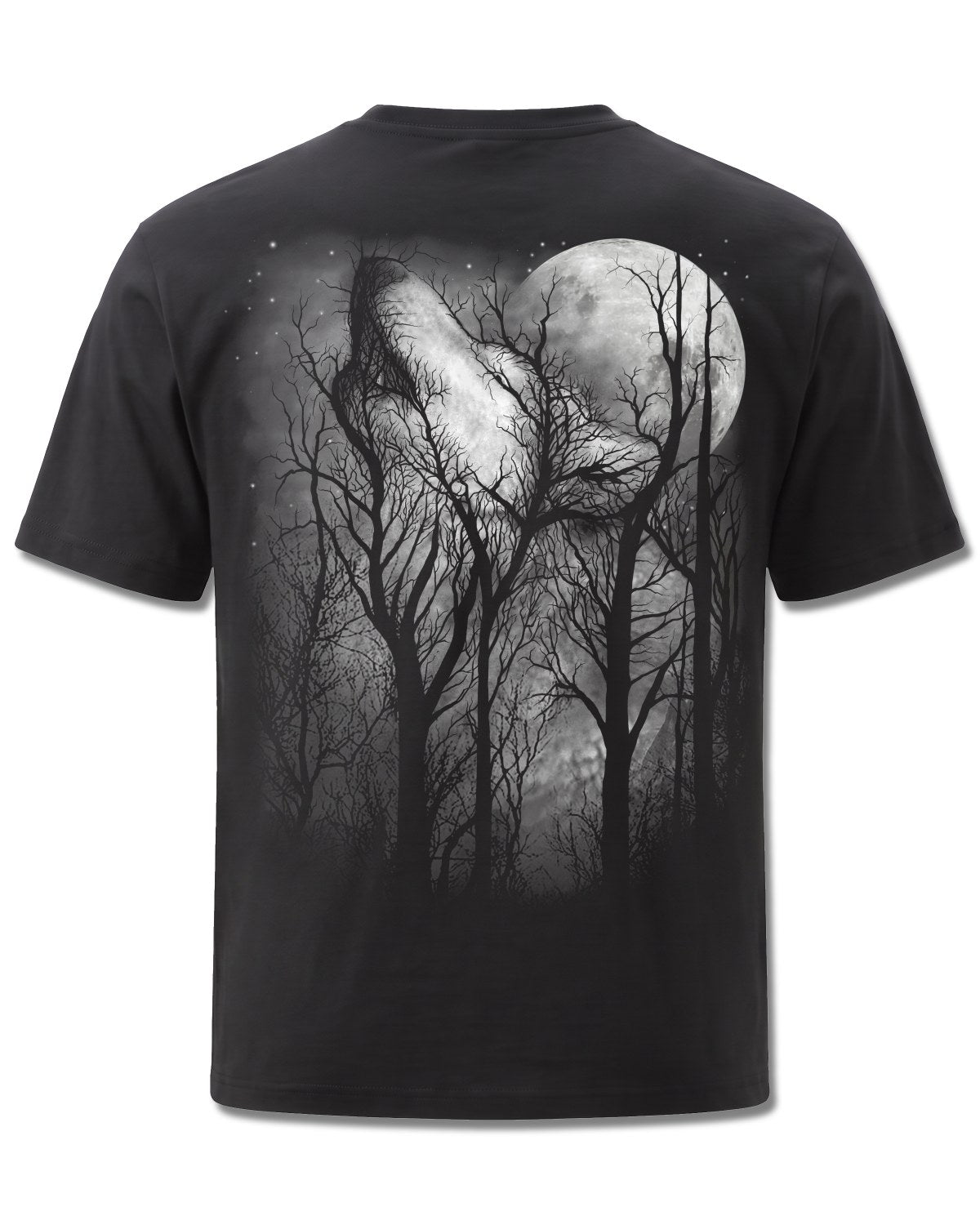 Spiral Forest Wolf design, back view on Black M101, Rock Off Retail official merch