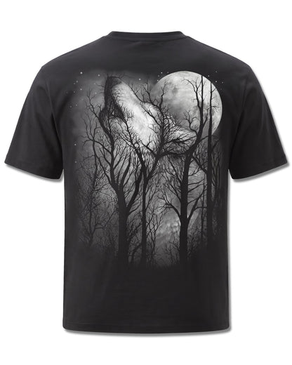 Spiral Forest Wolf design, back view on Black M101, Rock Off Retail official merch