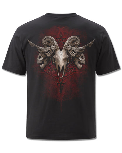 Spiral Faces Of Goth design, back view on Black M101, Rock Off Retail official merch