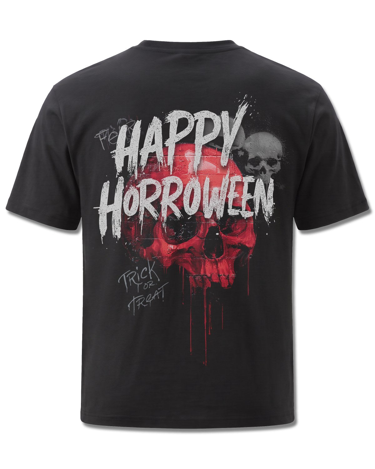 Spiral Happy Horroween design, back view on Black M101, Rock Off Retail official merch