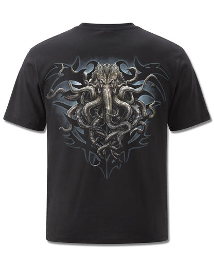 Spiral Cthulhu design, back view on Black M101, Rock Off Retail official merch
