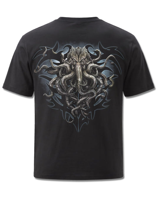 Spiral Cthulhu design, back view on Black M101, Rock Off Retail official merch