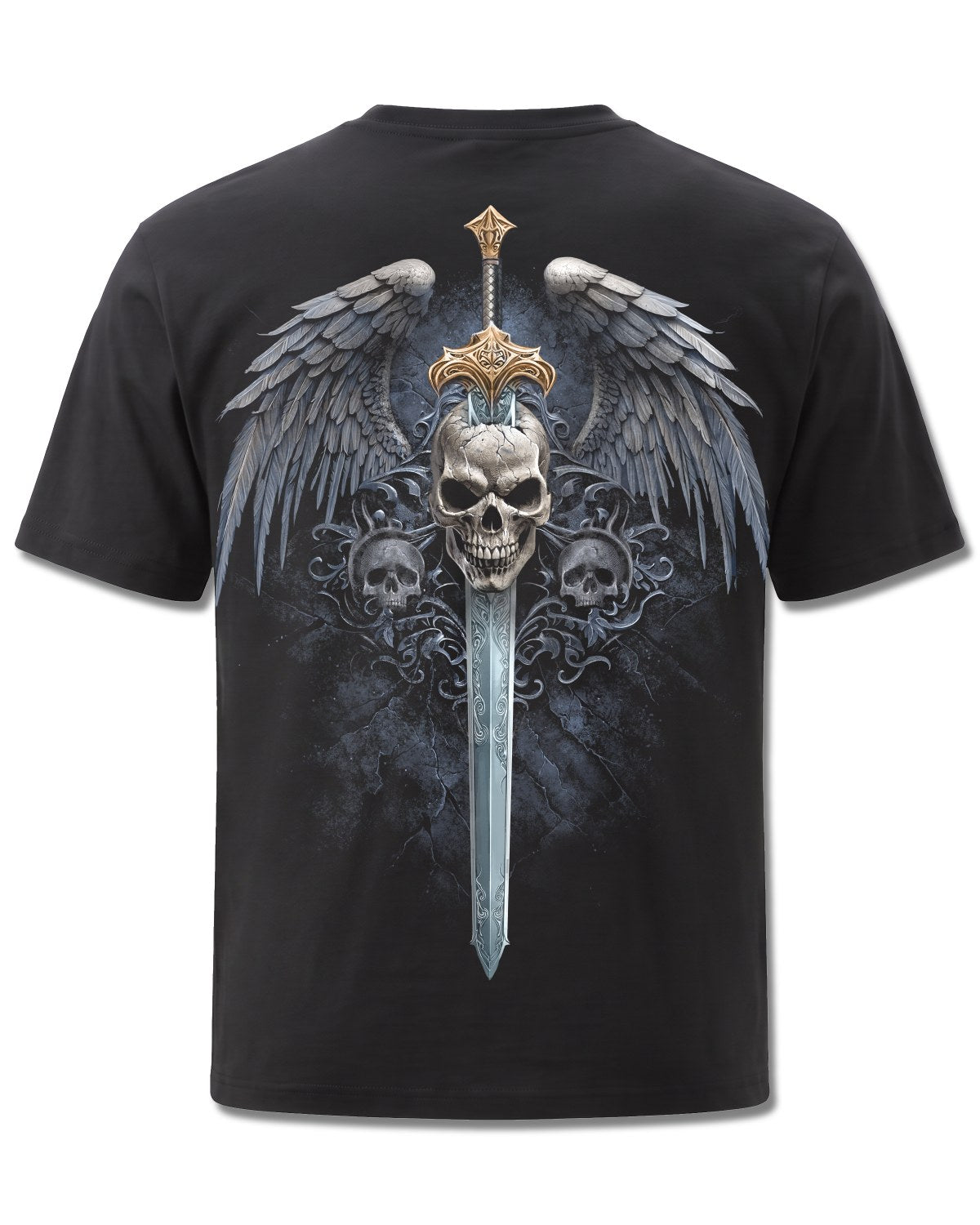 Spiral Angel Sword design, back view on Black M101, Rock Off Retail official merch
