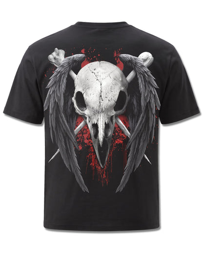 Spiral Death Raven design, back view on Black M101, Rock Off Retail official merch