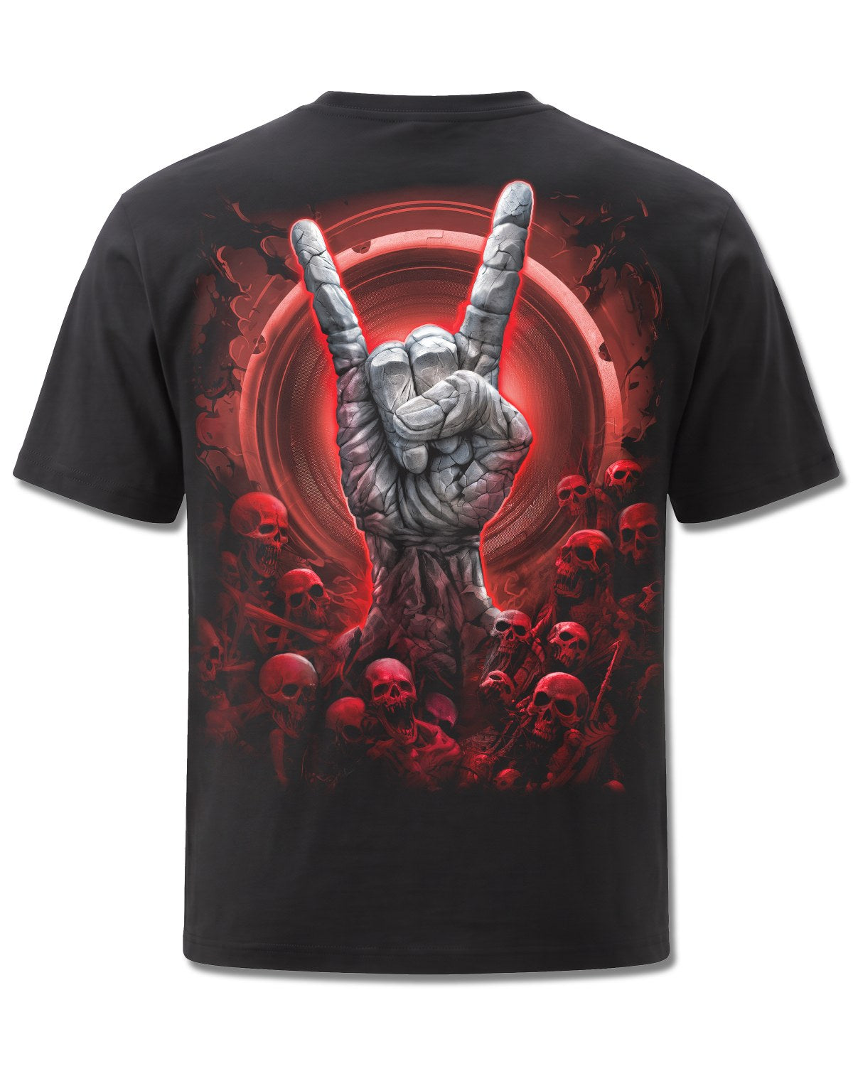 Spiral Tomb Of Rock design, back view on Black M101, Rock Off Retail official merch