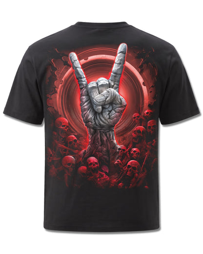 Spiral Tomb Of Rock design, back view on Black M101, Rock Off Retail official merch
