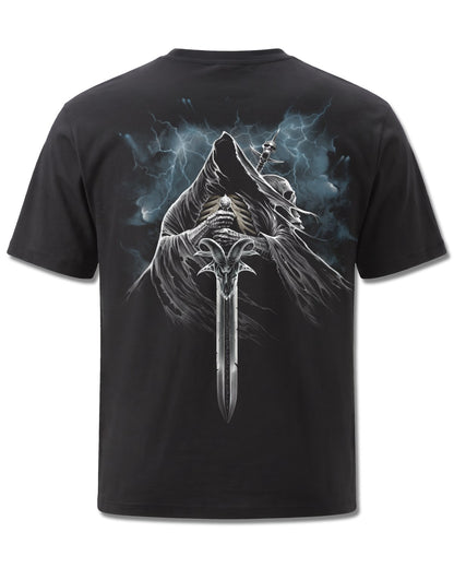 Spiral Grim Rider design, back view on Black M101, Rock Off Retail official merch