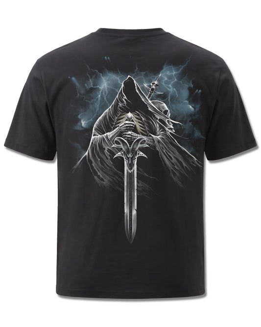 Spiral Grim Rider design, back view on Black M101, Rock Off Retail official merch