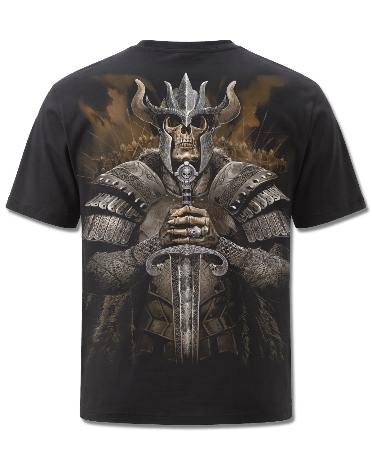 Spiral Viking Warrior design, back view on Black M101, Rock Off Retail official merch