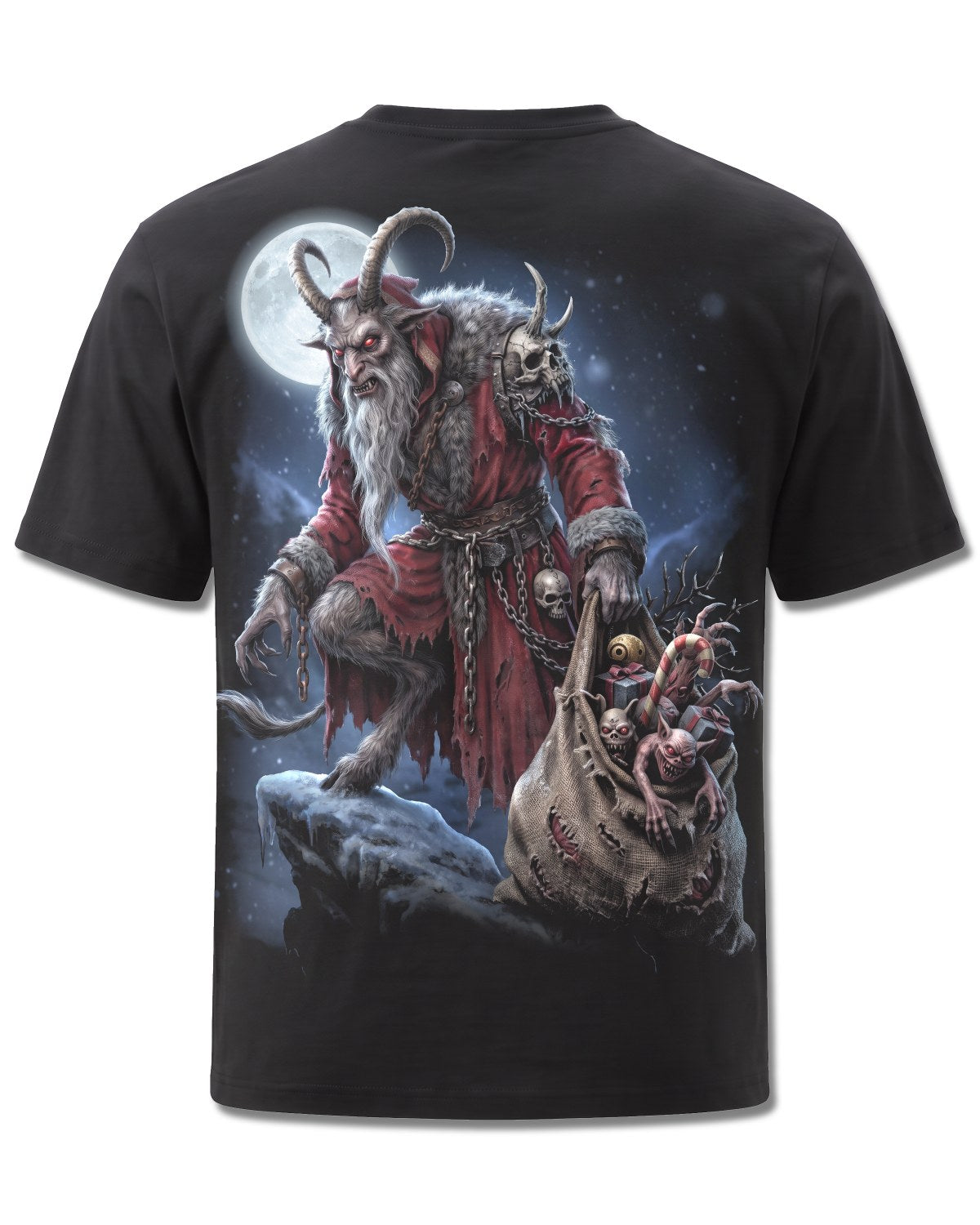 Spiral Krampus Night design, back view on Black M101, Rock Off Retail official merch