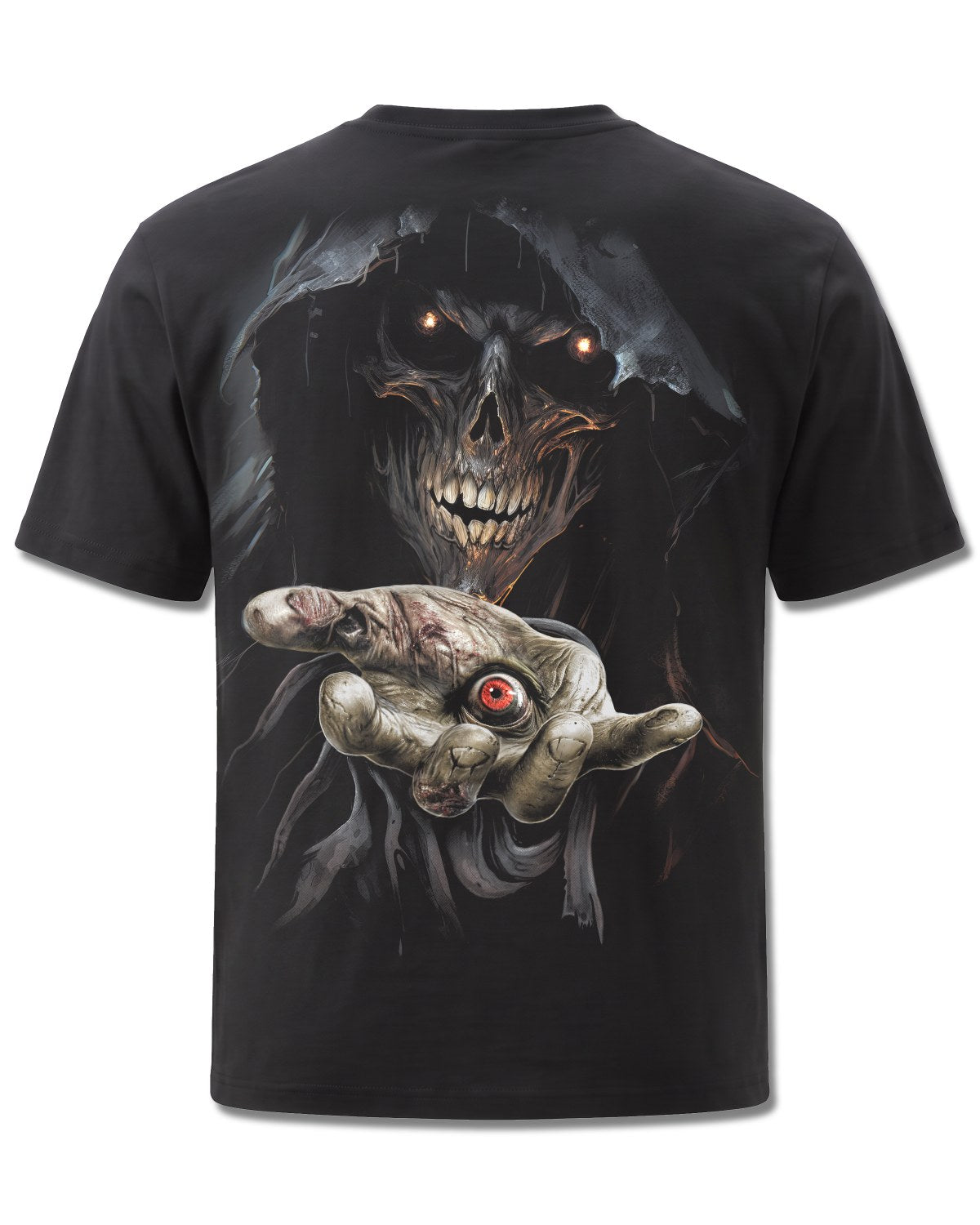 Spiral Evil Eye design, back view on Black M101, Rock Off Retail official merch