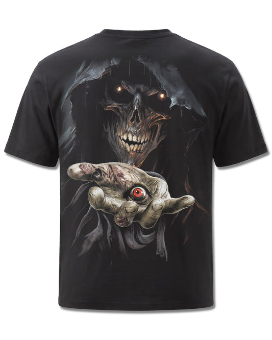 Spiral Evil Eye design, back view on Black M101, Rock Off Retail official merch