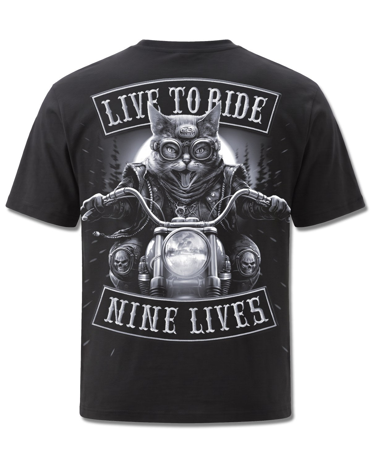 Spiral Nine Lives design, back view on Black M101, Rock Off Retail official merch