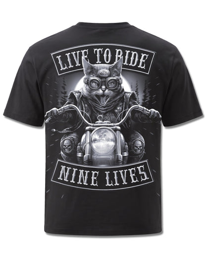 Spiral Nine Lives design, back view on Black M101, Rock Off Retail official merch