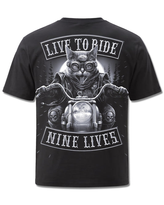 Spiral Nine Lives design, back view on Black M101, Rock Off Retail official merch