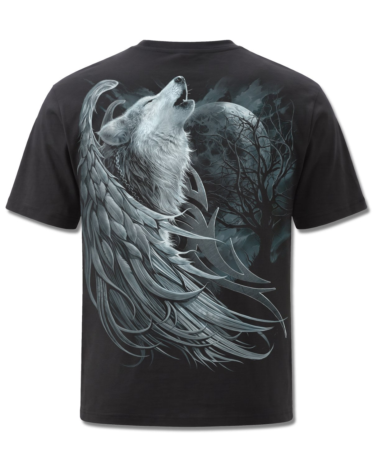 Spiral Wolf Spirit design, back view on Black M101, Rock Off Retail official merch