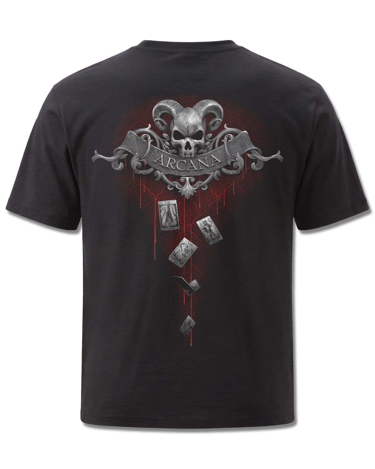 Spiral Death Tarot design, back view on Black M101, Rock Off Retail official merch