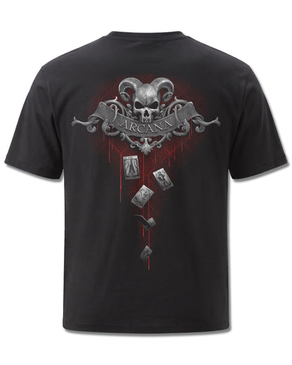 Spiral Death Tarot design, back view on Black M101, Rock Off Retail official merch