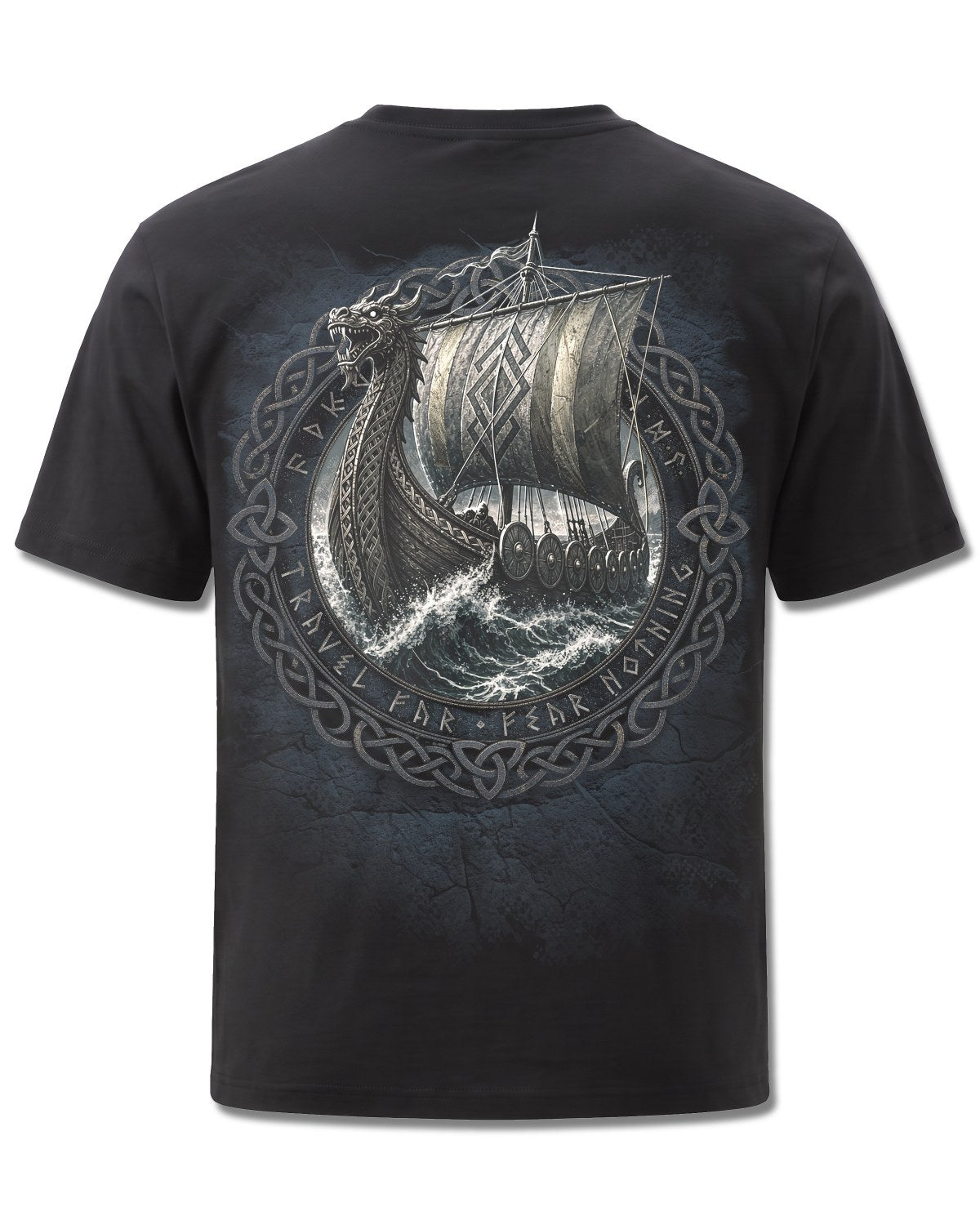 Spiral Viking Norseman design, back view on Black M101, Rock Off Retail official merch
