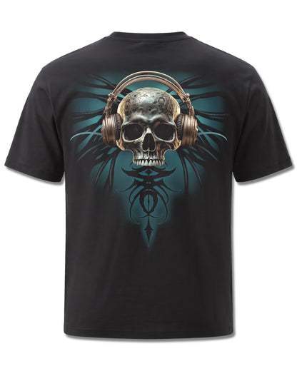 Spiral Dread Rocks design, back view on Black M101, Rock Off Retail official merch