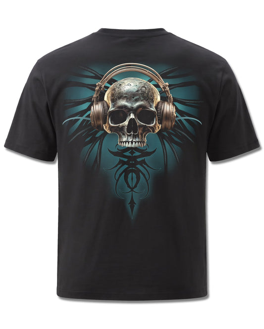Spiral Dread Rocks design, back view on Black M101, Rock Off Retail official merch