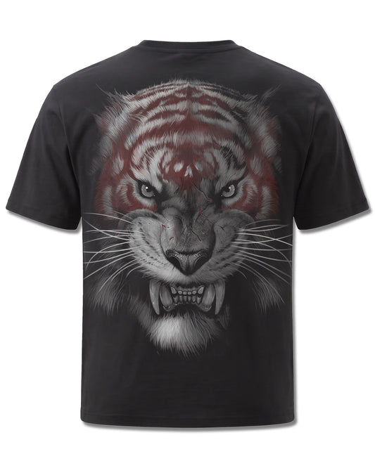 Spiral Mark Of The Tiger design, back view on Black M101, Rock Off Retail official merch