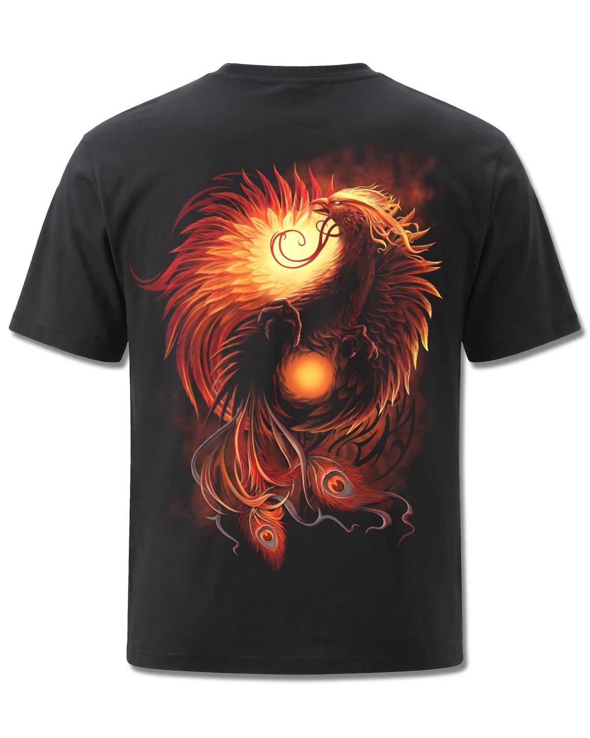 Spiral Phoenix Arisen design, back view on Black M101, Rock Off Retail official merch