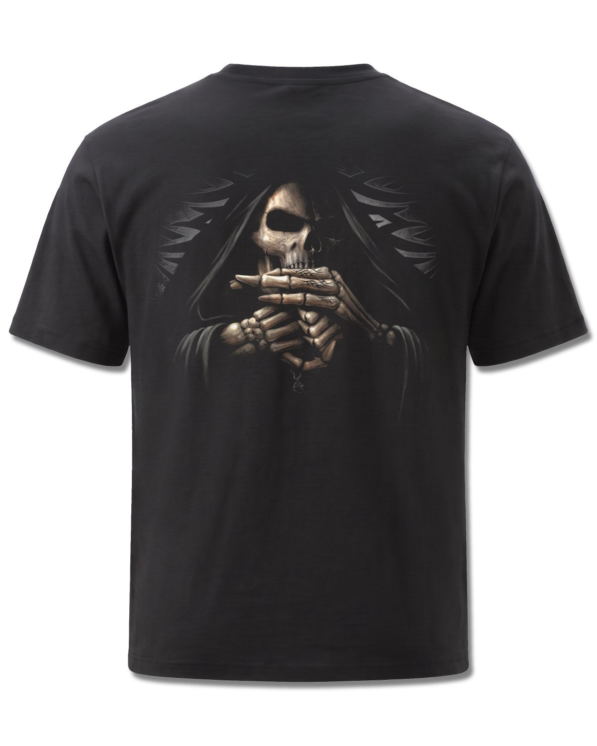 Spiral Bone Finger design, back view on Black M101, Rock Off Retail official merch