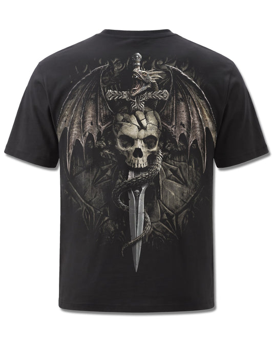Spiral Draco Skull design, back view on Black M101, Rock Off Retail official merch