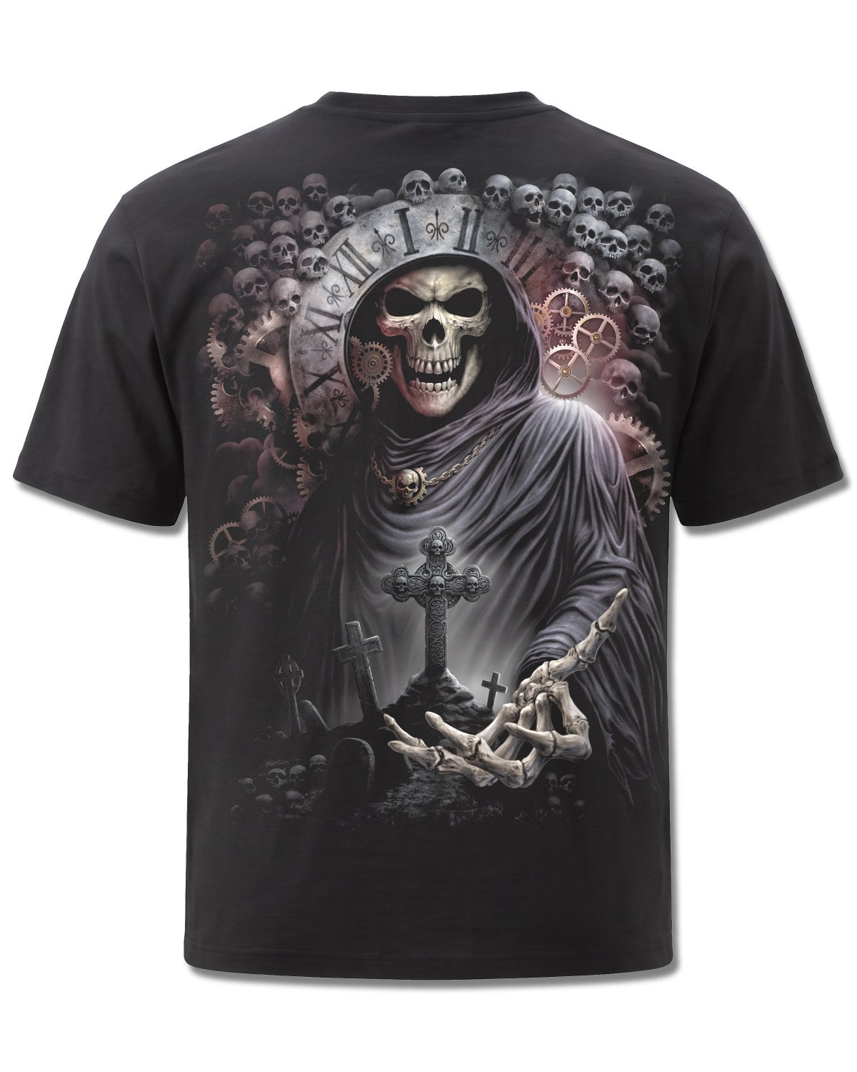 Spiral Reaper Time design, back view on Black M101, Rock Off Retail official merch