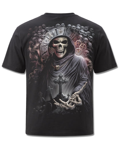 Spiral Reaper Time design, back view on Black M101, Rock Off Retail official merch