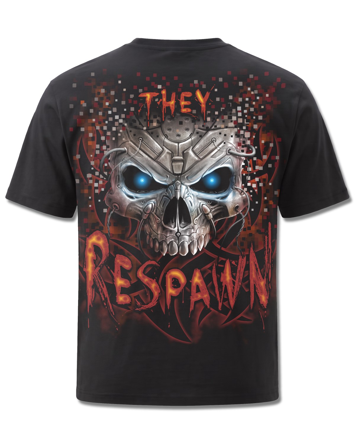 Spiral Respawn design, back view on Black M101, Rock Off Retail official merch