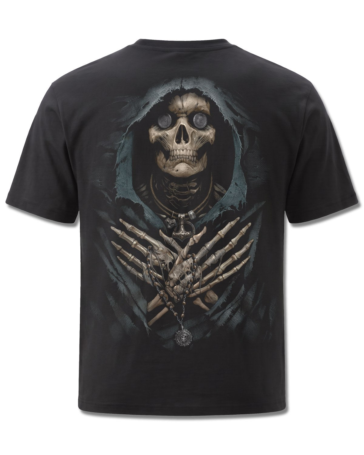 Spiral Ferryman design, back view on Black M101, Rock Off Retail official merch