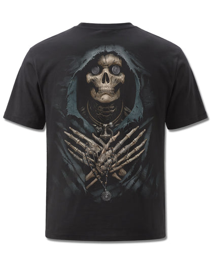 Spiral Ferryman design, back view on Black M101, Rock Off Retail official merch