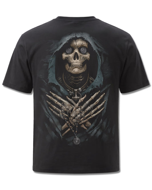 Spiral Ferryman design, back view on Black M101, Rock Off Retail official merch