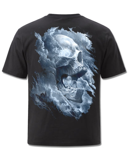 Spiral Grave Skies design, back view on Black M101, Rock Off Retail official merch