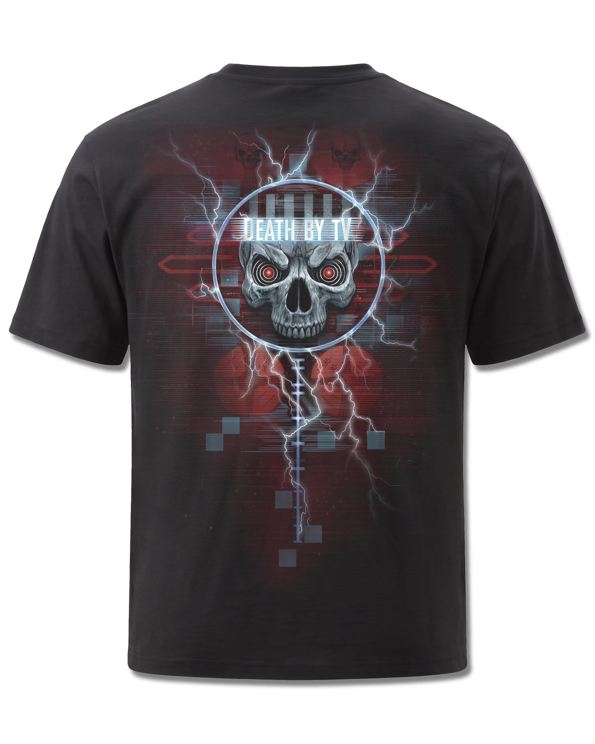 Spiral Death By TV design, back view on Black M101, Rock Off Retail official merch
